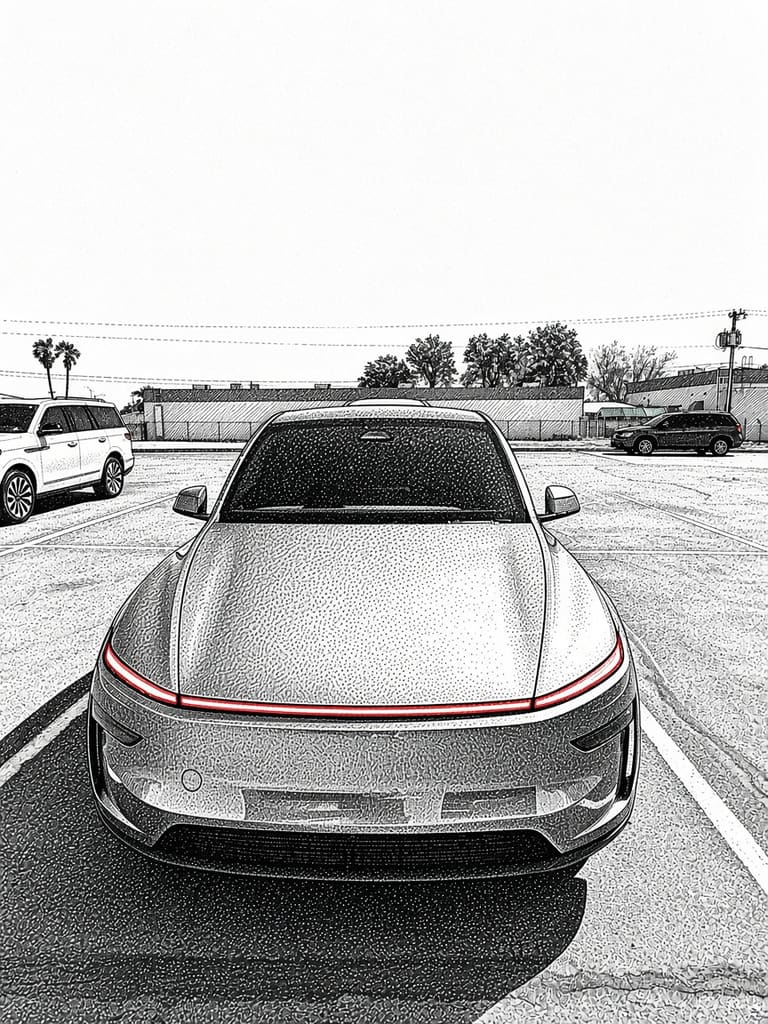 Quicksilver, the family's third Tesla, purchased by our daughter. Drawn by San Diego Newsline from a family photo.