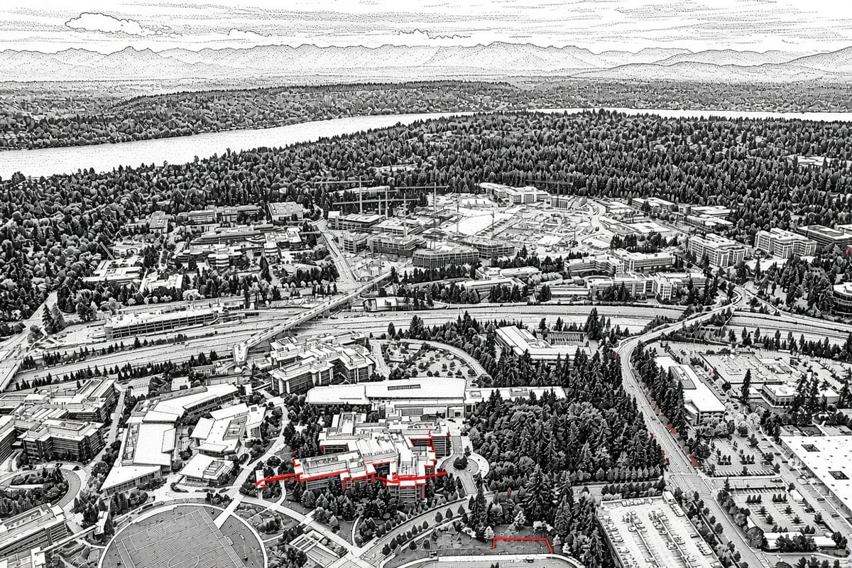 Illustration of Microsoft's Redmond campus with red barrier tape