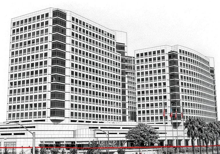 Adobe's headquarters in San Jose. Illustration from a photo by Coolcaesar, Wikimedia Commons, CC BY-SA 4.0; this illustration is licensed CC BY-SA 4.0.