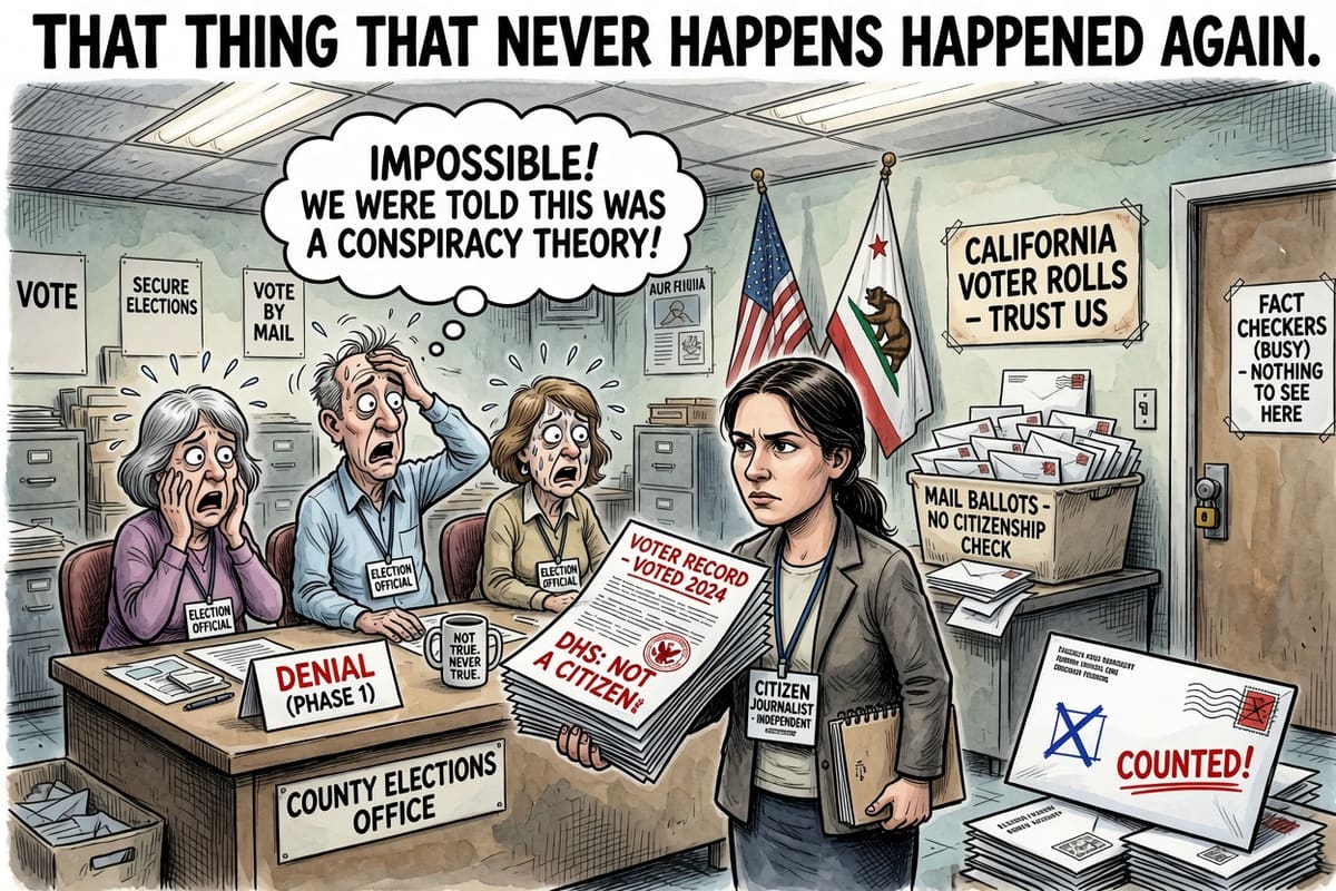 Caricatura editorial: funcionarios electorales consternados detrás de un letrero que dice "Denial (Phase 1)" mientras una periodista ciudadana sostiene registros electorales sellados con "Voted 2024" y "DHS: Not a citizen", junto a un contenedor de boletas por correo etiquetado como "No citizenship check."