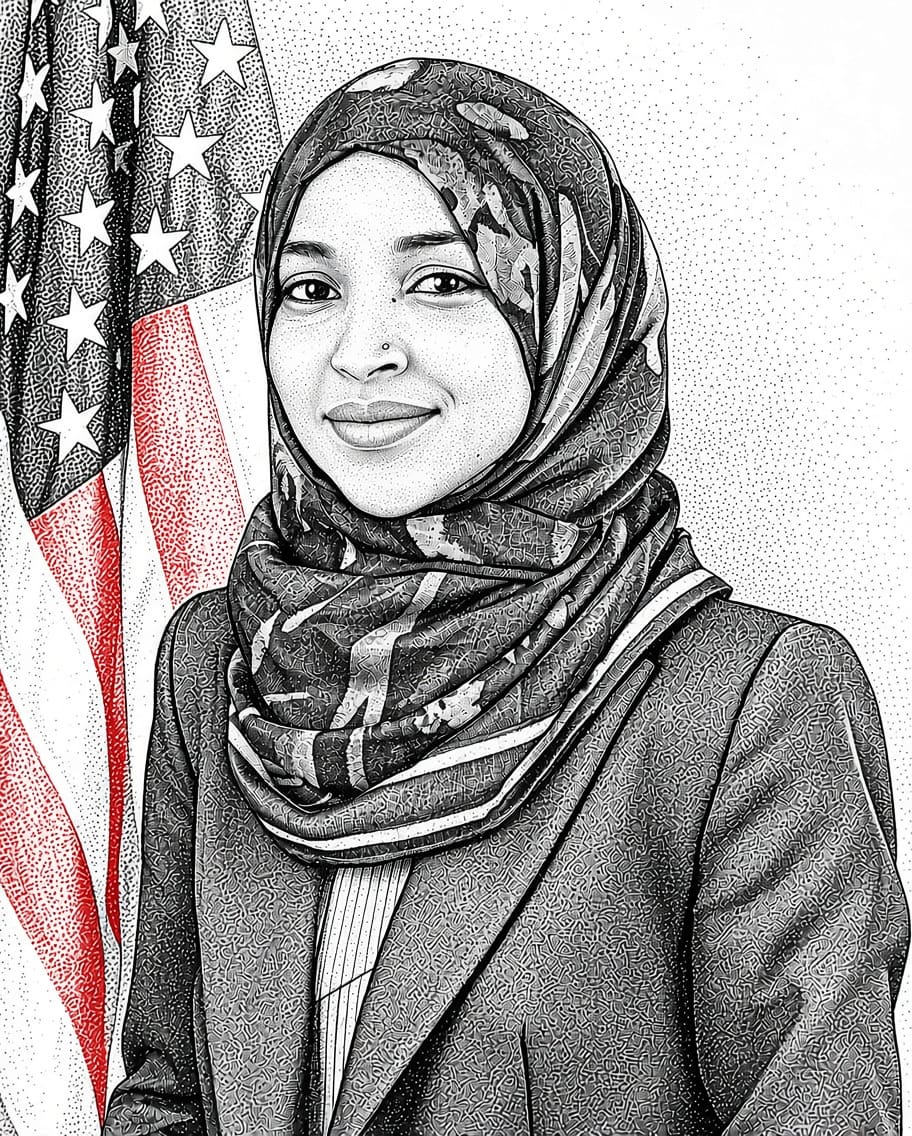 Ilustración de la representante Ilhan Omar tomada de su retrato oficial en la Cámara de Representantes