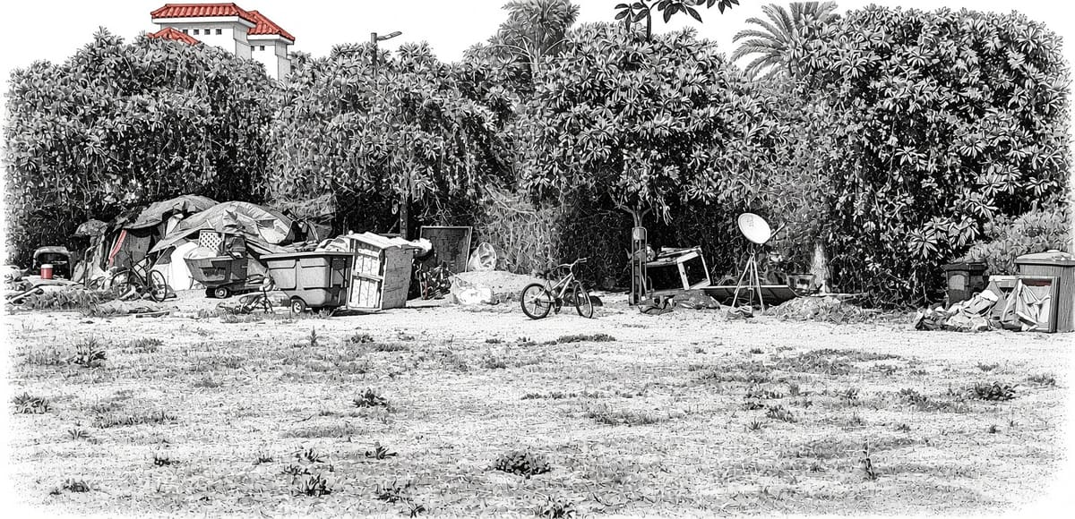 Ilustración de un campamento de personas sin hogar: tiendas de campaña, lonas y carritos a lo largo de una hilera de arbustos