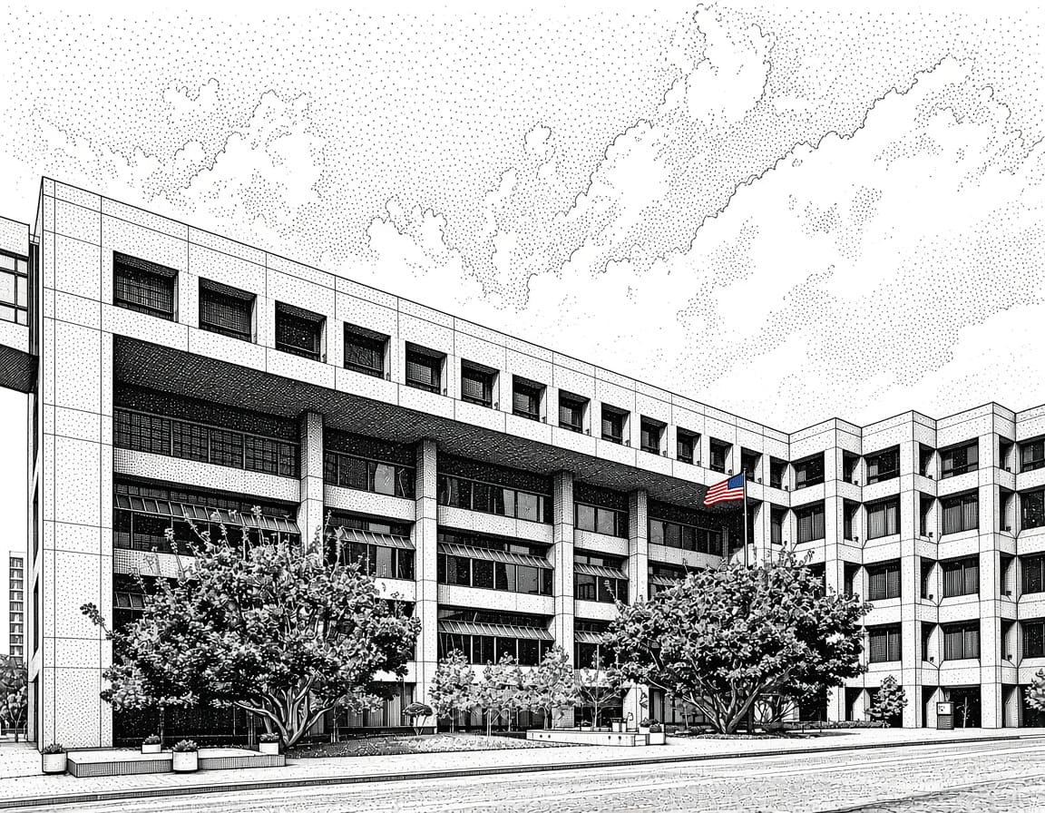 Ilustración del Tribunal Federal Edward J. Schwartz en el centro de San Diego, sede del tribunal federal del Distrito Sur de California