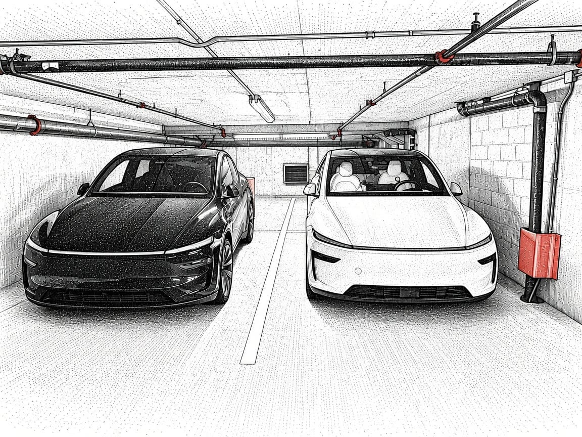 Ilustración de un Tesla negro y un Tesla blanco estacionados uno junto al otro en un garaje