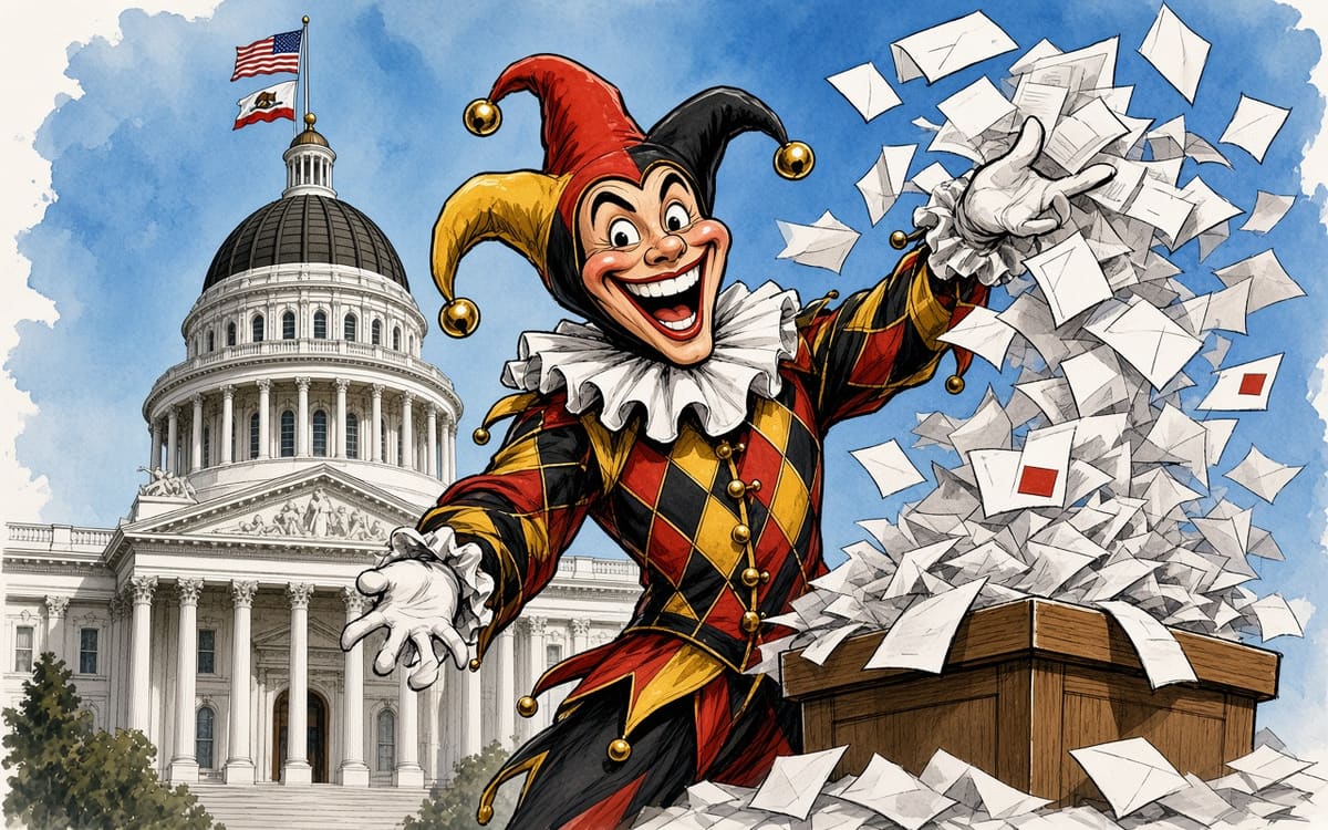 Caricatura editorial: un bufón sonriente frente al Capitolio del Estado de California arroja tarjetas de registro electoral en una urna desbordante