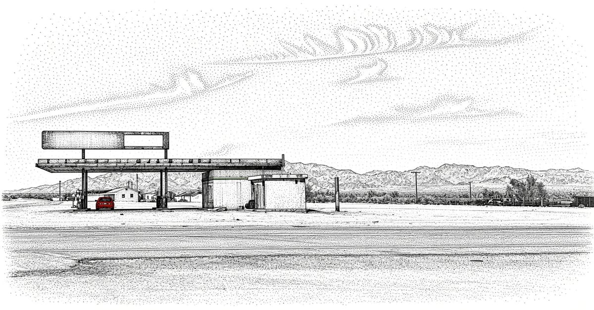 Ilustración de una gasolinera cerrada a lo largo de la Ruta Estatal 177 de California