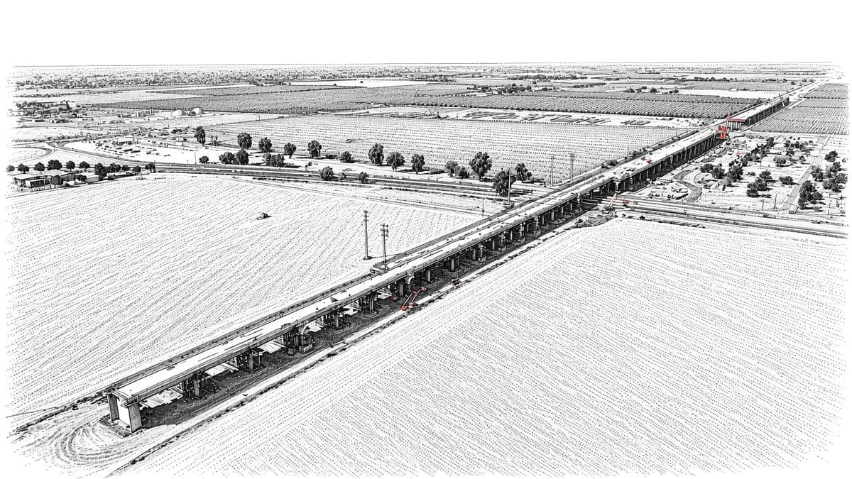 Ilustración del viaducto de California High-Speed Rail en construcción cerca de Hanford